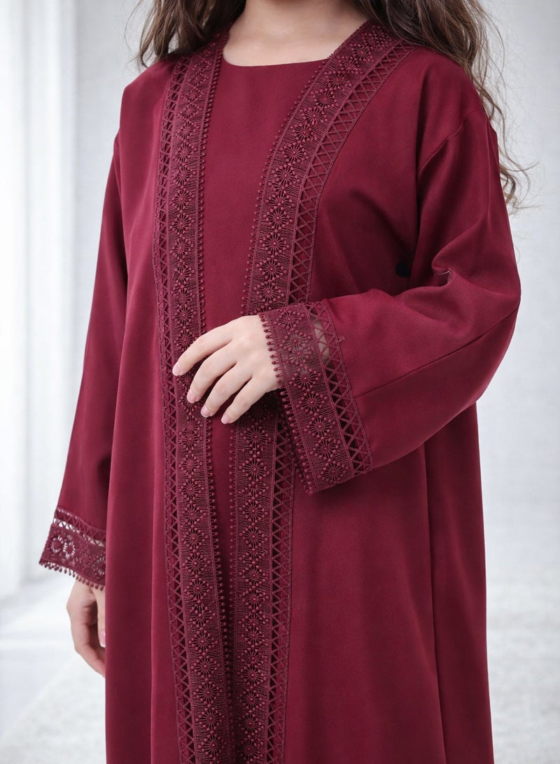 MSquare Fashion Burgundy Kids Abaya Set-Nida Fabric with Inner Dress & Headscarf - Image 3